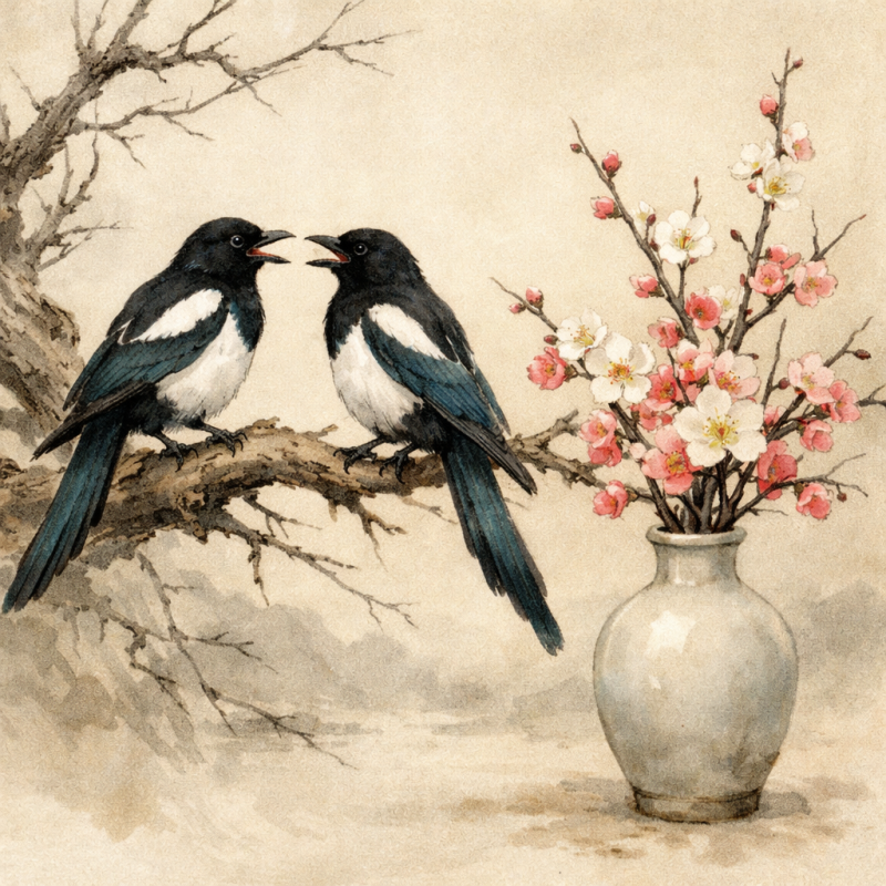 枯枝栖影，对语相鸣。瓶里梅花香正浓打一个生肖，详细解析