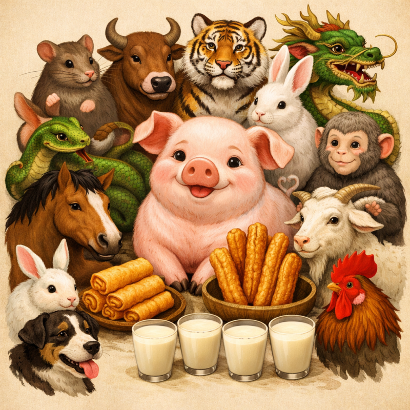 三个春卷，五根油条，四杯豆浆是什么生肖，词语解析解答