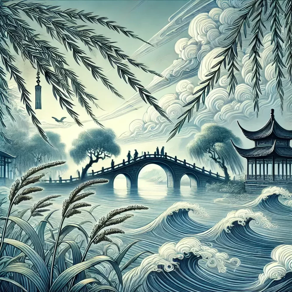 梁洲吹过柳桥风，稻苗平入水云间打一生肖，成语解答